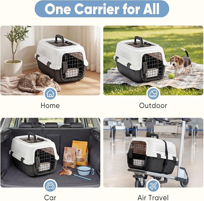 DUMOS 23" Hard-Sided Pet Carrier for Small Dogs & Cats, Airline Approved Travel Crate with Enhanced Security Latches, Front & Top Load Wire Door, Food Bowl for Traveling, Hiking, Camping (White&Black)