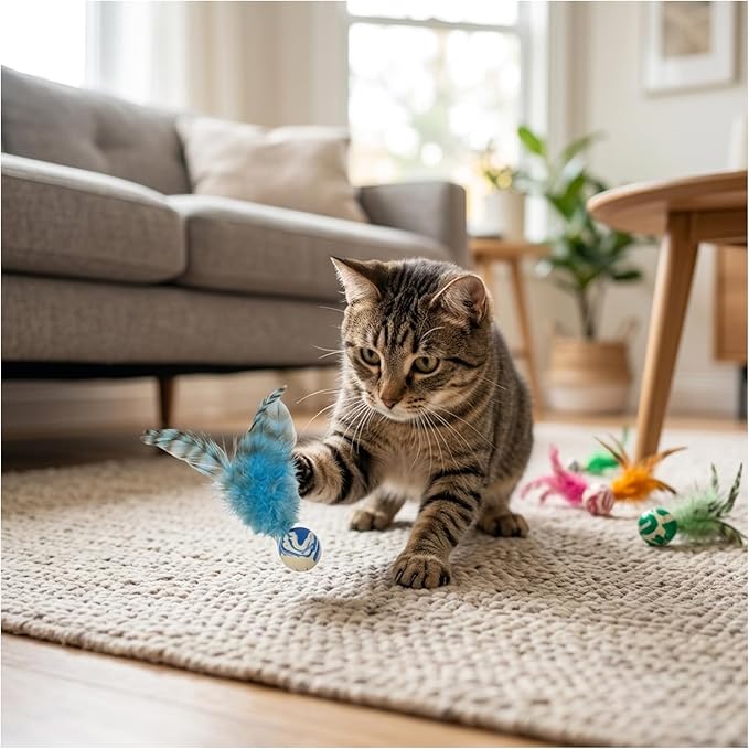 7Pcs Bouncy Balls for Cats, Cat Tools with Feathers, Feather Tool for Indoor Cats and Multi-Cat Households(Random Color)