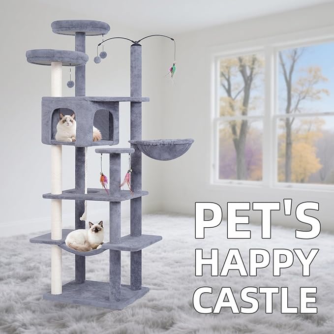AIWIKIDE Big Cat Tree, Cat Tower with Multi-Level Condo, Hammocks, Rotating Toy (Grey, 63.4'')