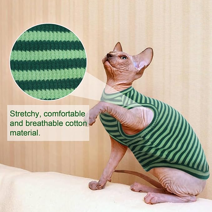 Sphynx Cat Clothes, Breathable Hairless Cat Shirts, Stripe Kitten T-Shirts Sleeveless, Pullover Cat Sweaters, Pet Summer Apparel for Sphynx, Cornish Rex, Devon Rex, Peterbald, Small Dogs