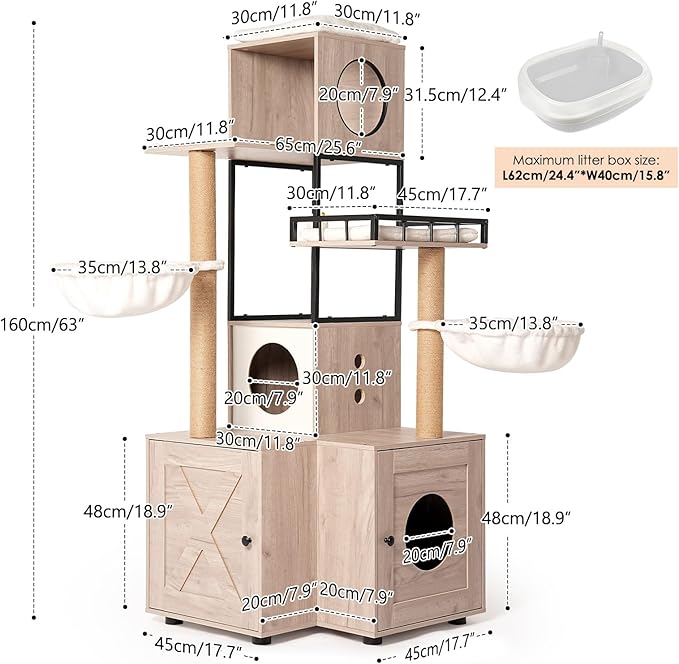 Modern Cat Tree Condo Tower Cat House Washroom Furniture Litter Box Enclosure with Scratching Posts, Hammocks, Removable Washable Cushion & Toy Hanger, White+Gray(25.60" Lx25.60 Wx63.00 H)
