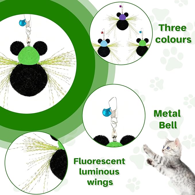 Walfront Interactive Cat Wand Toy with Small Insect Replacement Heads and Bell, Indoor Cat Exercise Toy for Overweight or Inactive Cats, Kittens and Adult Cats, Boosts Activity and Reduces Boredom