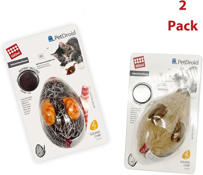 Gigwi Interactive Cat Toys Pack, Automatic Moving Mouse Electronic Cat Toys for Indoor Cats, Mouse Hunt Cat Toy for Kitten, 2 Pack (Brown & Orange Colors)
