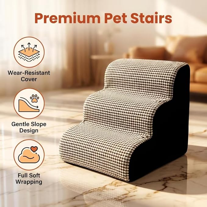 Dog Stairs for Small Dogs，35D Pet Stairs Steps 15” H with Durable Non-Slip Waterproof Fabric Cover, Slope Stairs to Bed for Small Dogs and Cats or Pets Joints, 3 Step Dog Ramp for Couch and Bed