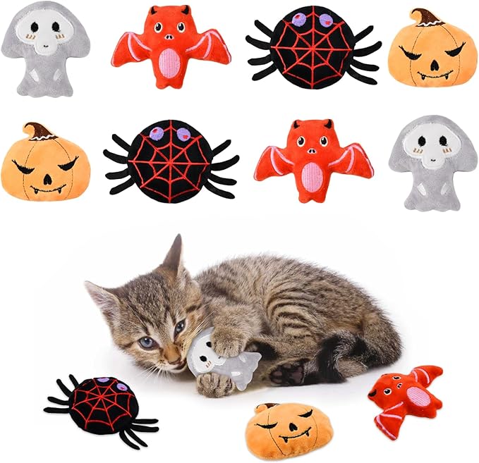 8PCS Halloween Catnip Ball Plushie Toy for Cats with Crinkle Paper Halloween Catnip Toys for Kitten