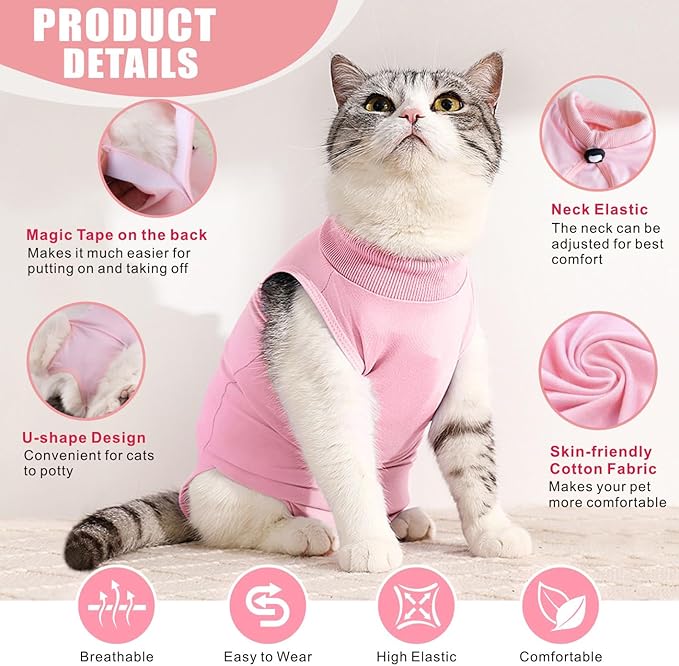 Idepet Cat Surgery Recovery Suit Kitten Onesie for Cats After Surgery Female Breathable Kitty Spay Suit for Abdominal Wound Skin Diseases E-Collar Alternative Wear(Pink,L)