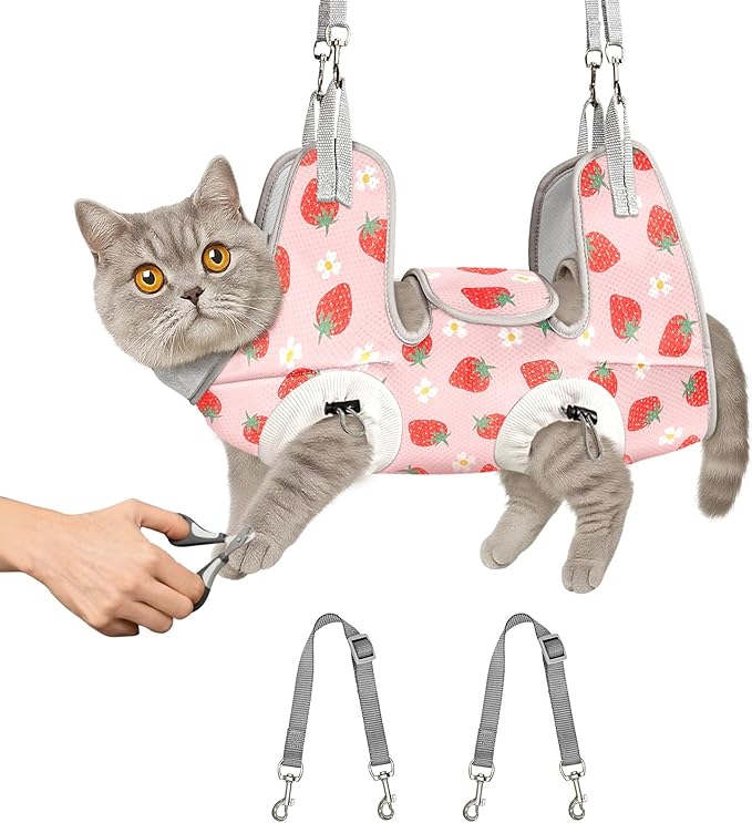 Supet Cat Grooming Hammock Harness for Nail Trimming, Cat Grooming Hanging Sling for Nail Clipping, Pet Restraint Holder for Cutting Nails, Medicine, Ear & Teeth Cleaning, Eye Care (Strawberry L)