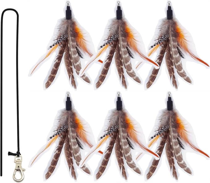 7 PCS Cat Wand Toy Refills - 6 Pack Natural Feather Attachments & 1 Replacement Elastic String with Lobster Clasp, Interactive Teaser Toy Refills for Indoor Cats and Kittens(6 Feather Refills)
