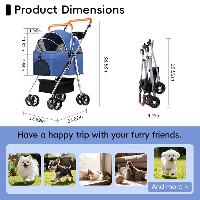 YYW Pet Stroller for Small Dogs & Cats, 3 in 1 Foldable Kittens Puppies Travel Strolling Cart with Removable Carrier, Cup Holder, Storage Basket & Lockable Wheels(Blue)