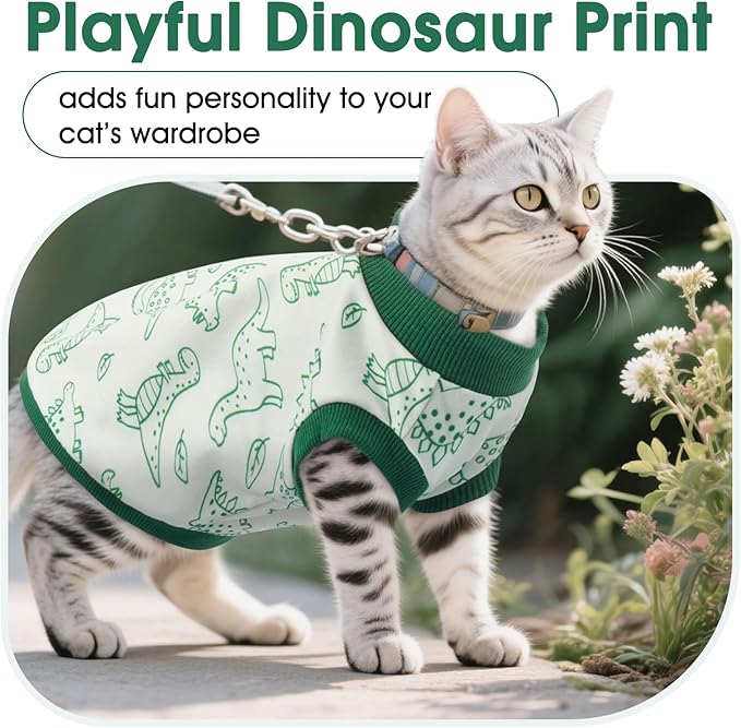 DENTRUN Sleeveless Cat Vest with Dinosaur Print, Breathable Ultra-Soft Dralon Fleece Cat Sweater, All-Season Pet Costume Apparel for Cats, Kitten Clothing for Indoor/Outdoor, Green, XS