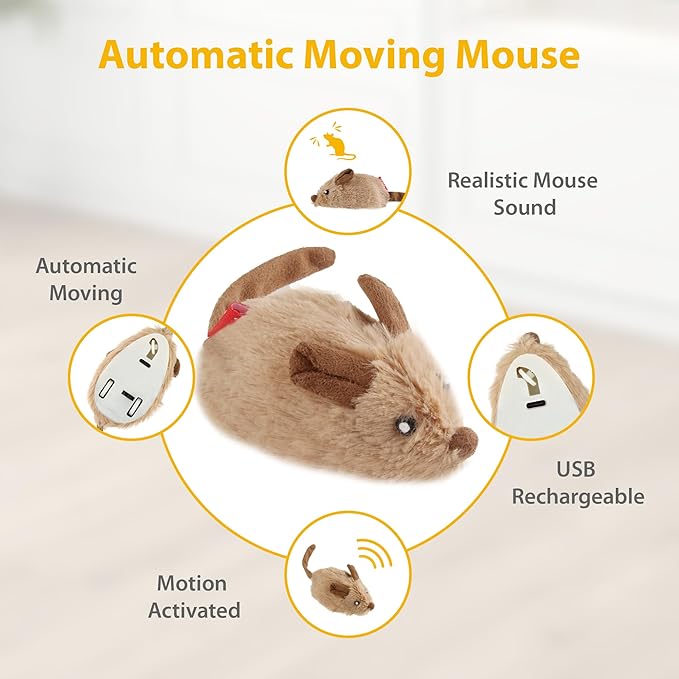 Gigwi Interactive Moving Cat Toy, Automatic Squeaky Cat Mouse Toy for Indoor Self Play, Upgraded 500mAh USB Rechargeable Electronic Pet Chase Toy with Furry Tail for Exercise