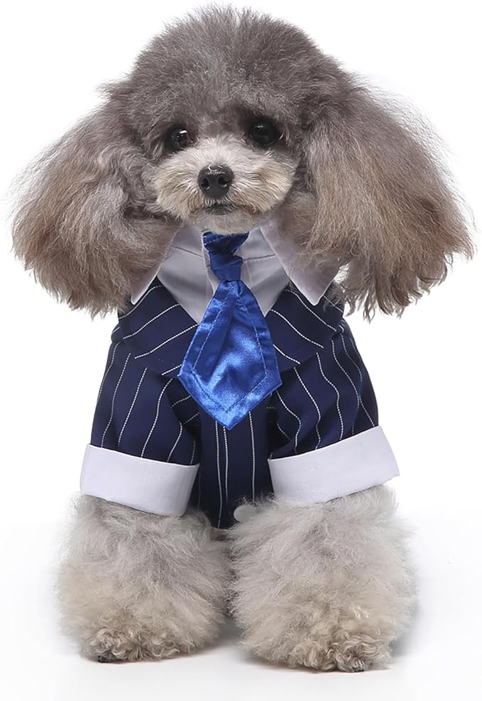 GabeFish Pets Wedding Jackets Suit for Dogs with Bow Tie Puppy Cat Formal Clothes Shirt Tuxedo (BlueStriped, L (Chest 17.3in/44cm)