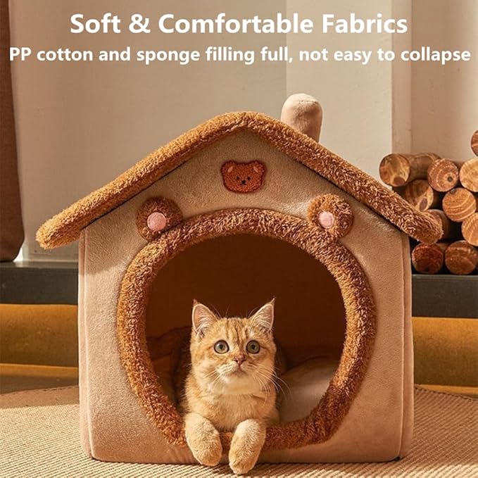 Cat Bed for Indoor Cats,Cozy Cat Cave Bed Cat House Cat Tent with Removable Cushion Pillow,Soft Warm Pet House Puppy Bed,Cute Bear Pet Nest for Cat Kitten Small Dogs (Brown, S-15.8x12.6x13.8 Inches)