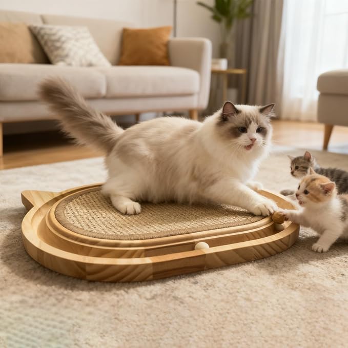 Sisal Cat Scratcher Toy with Ball Track,Wooden Interactive Cat Toy,Cats Scratch Pad for Indoor Cat, Physical Exercise for Kitty and Medium Cat