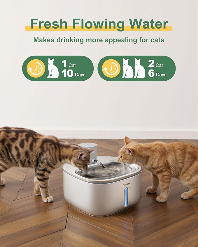 Gimars Wireless Cat Water Fountain Stainless Steel,108oz/3.2L Pet Water Fountain with Motion Sensor for Cats and Dogs, 5000mAh Battery Operated,Ultra Quiet Cat Drinking Fountain with 2 Filters