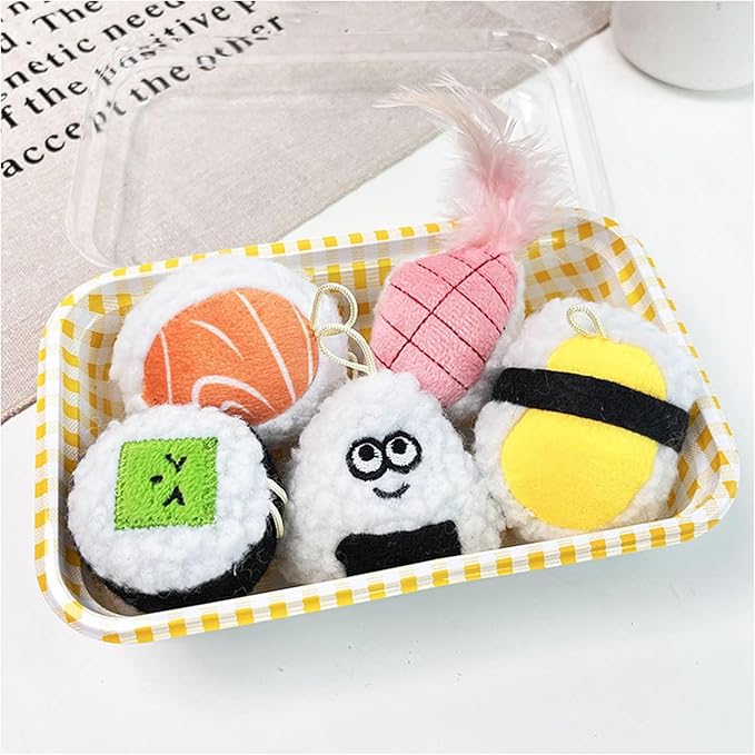 Sushi Cat Toy Set 5pcs Cute Soft Funny Sushi Plush Catnip Toys with Bell and Feathers Kitten Teething Chew Toys for Indoor Boredom Relief Interactive Cat Toys Teaser Wand Replacement Accessories