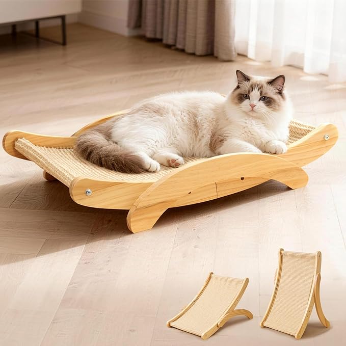 3-in-1 Transformable Design Sisal Cat Scratcher Bed for Indoor Cats, Durable Natural Scratching Pad, Solid Wood Cat Scratch Ladder, Wooden Cat Furniture 23.6 Inch Cats Hammock (Large)