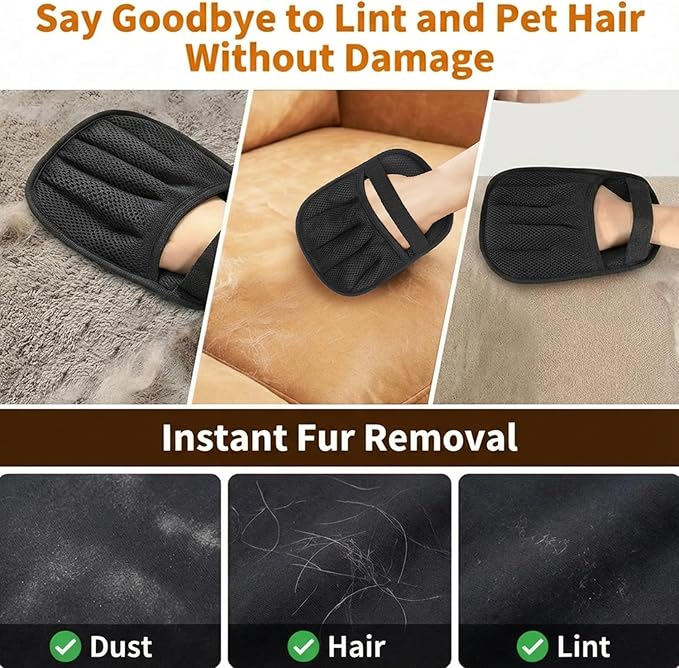 Electrostatic Pet Hair Removal Gloves for Cats & Dogs–Upgraded Reusable Magic Brush Tool for Quick Wiping on Couch,Carpet,Laundry,Car Seat & Pet Beds(2PC,Black)