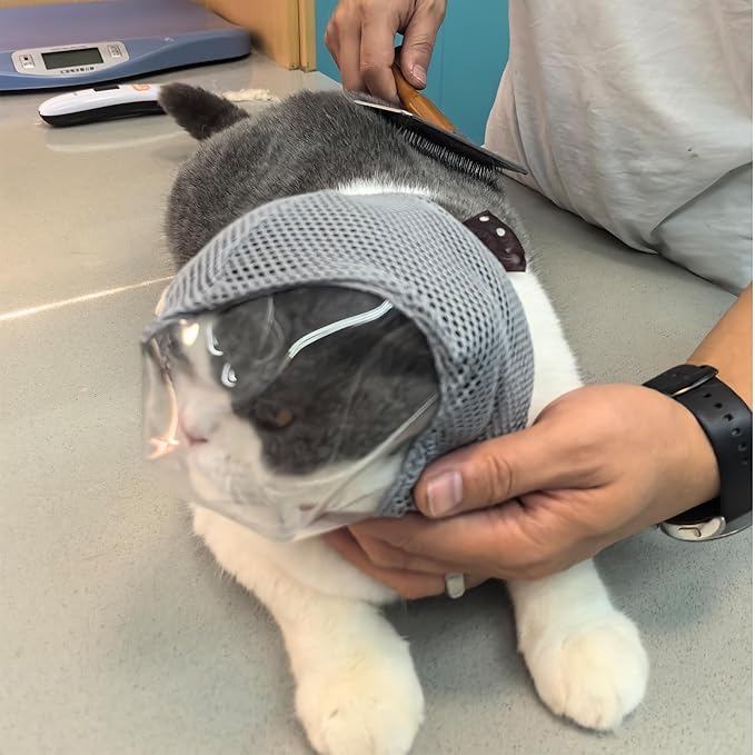 Cat Muzzle for Grooming, Adjustable Breathable Mesh Cat Mask for Nail Clipping(Grey M)
