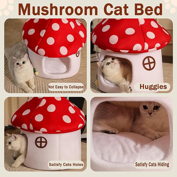 Mushroom Cow Cat Bed House for Indoor Cats & Small Dogs - Soft Cave-Style Pet Nest with Removable Washable Cushion, Plush Semi-Enclosed Cat Cave Tent, Red & White, Cozy Non-Slip Calming Bed