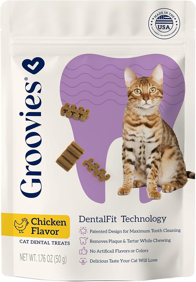 Groovies Cat Daily Dental Treats. Tasty, Crunchy Bites Cats Love. Chicken Flavor. Powered by USA-Patented DentalFit Technology. No Added Gluten, No Artificial Flavors or Colors. 1.76oz (115 Treats)