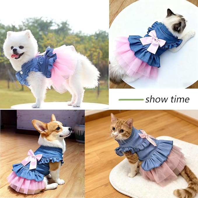 Dog Cat Denim Tutu Dress, Princess Puppy Kitten Outfit with Pearl Bow & Stand-Up Collar, Sleeveless Pet Clothes for Wedding Birthday Party, Easy Front Snap Closure for Chihuahua (Pink-Denim, Large)