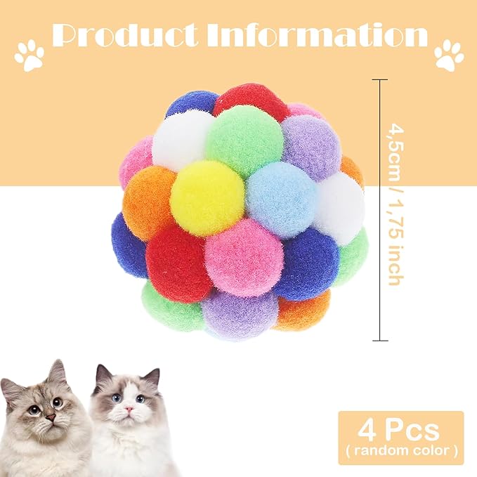 Cat Toy Balls 4PCS - 1.75" Plush Washable Balls for Kittens | Ultra-Soft Chew Toys, Noiseless Interactive Play, Durable Fuzzy Cat Toys for Indoor Cats with Vibrant Colors.