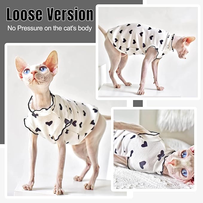 DENTRUN Heart Pattern Sphynx Hairless Cats Shirt, Kitten T-Shirts with Perlin Sleeves, Breathable Cat Wear Cute Sweater Adorable Hairless Cat's Clothes Vest Pajamas Jumpsuit