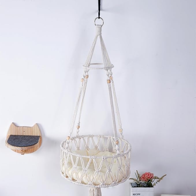 SHENGOCASE Macrame Cat Hammock with Wall Hook and 3 Steps, Wall Mounted Hanging Bed, Indoor Cat Furniture