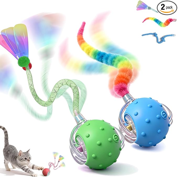 2 Pack Interactive Cat Toys for Indoor Cats with 3 Tails,Automatic Moving Kitten Toys,Cat Toys for Bored Indoor Adult Cats,Smart Rechargeable Cat Enrichment Toys for Cats to Keep Them Busy, Cat Balls