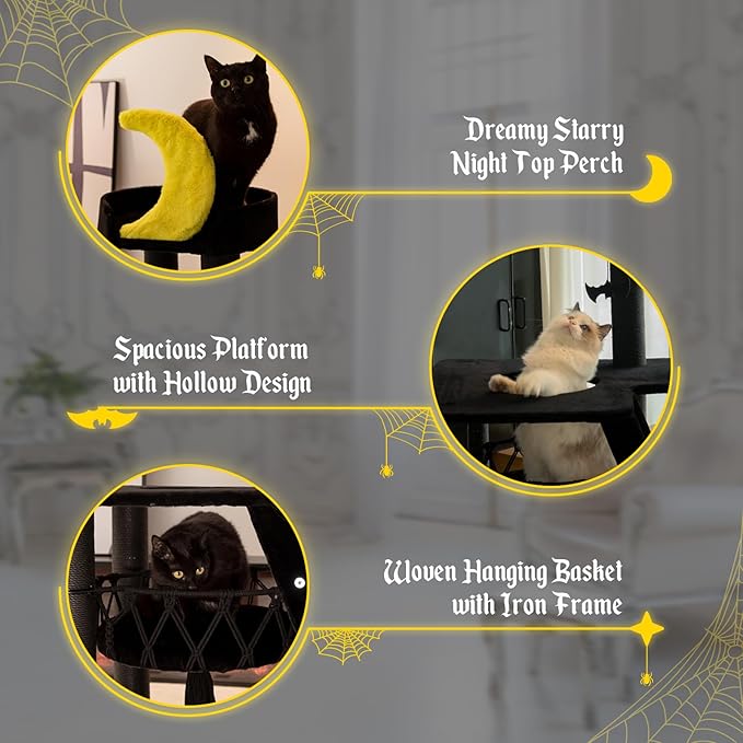 Happy&Polly Gothic Cat Tree- Black Cat Tower with Spacious Private Basket Bed, Natural Sisal Scratch Post& Climbing Ladder with Hanging Bat Toy,Multi-Level Cat Activities Furniture for Perching