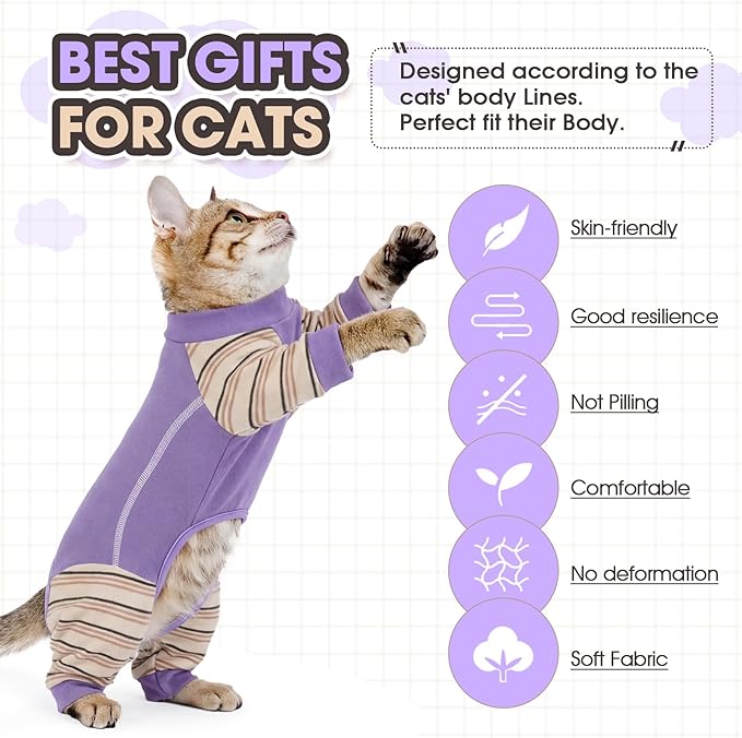 Sticky Cat Clothes, Sphynx Hairless Pajamas for Cats only, Soft Onesie for Kitten, Female Male & Hair Loss Prevention, Purple XS