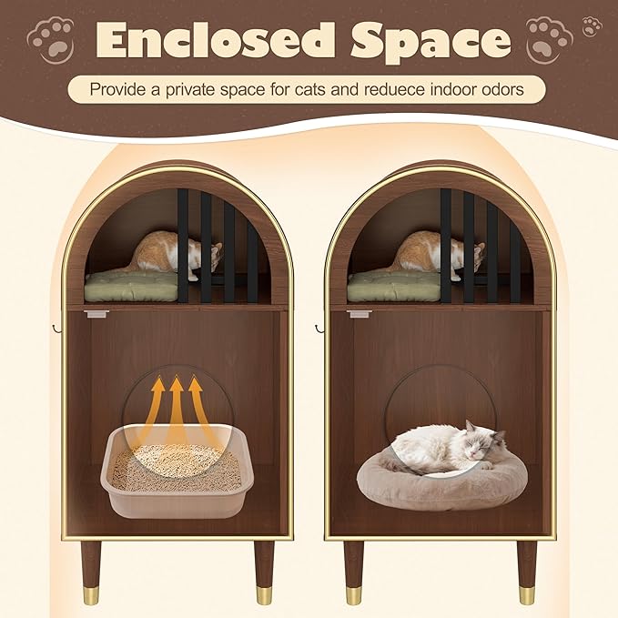 Modern Arch Cat House Indoor, 2-Tier Wooden Condo with Storage Hooks, Raised Legs for Robot Vacuum, Mid Century Pet Furniture for Resting & Playing, Espresso