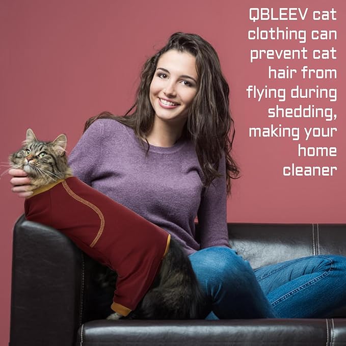 QBLEEV Sticky Hair Cat Clothes, Soft Cat Pajamas for Cats Only, Prevent Lost Fur Kitten Sweater Onesie, Stretchy Recovery Suit for Female Male Cats After Surgery Daily Wear, Burgundy, M