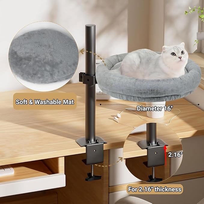 Cat Desk Bed, 360° Rotating & Height Adjustable Cat Hammock, Metal Bracket Supports to 40 lbs, Removable&Washable, Kitten Bed for Desk