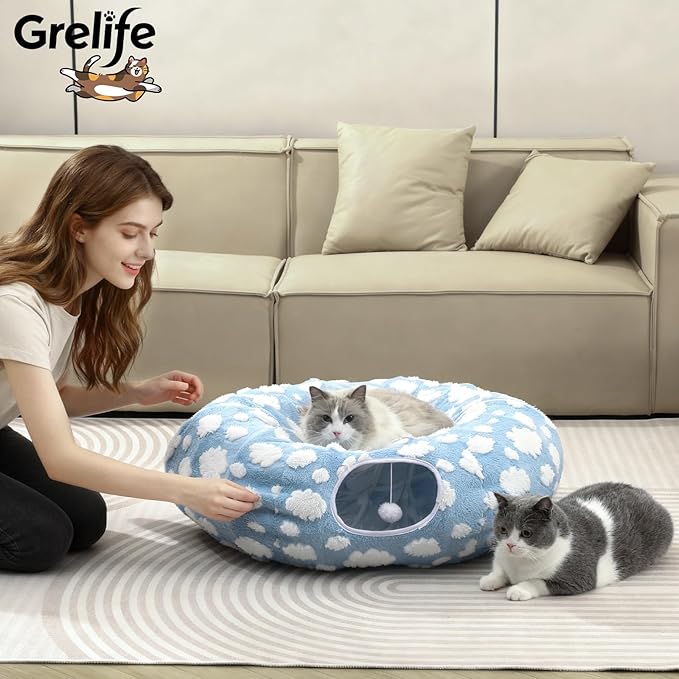 Grelife Cat Tunnel Bed for Indoor Cats, Cute Cat Tunnel Toys, Cat Donut Tunnel Toys with Washable/Removable Cushion, Non-Slip Base, for Cats, Kittens, Small Pets(33.5")