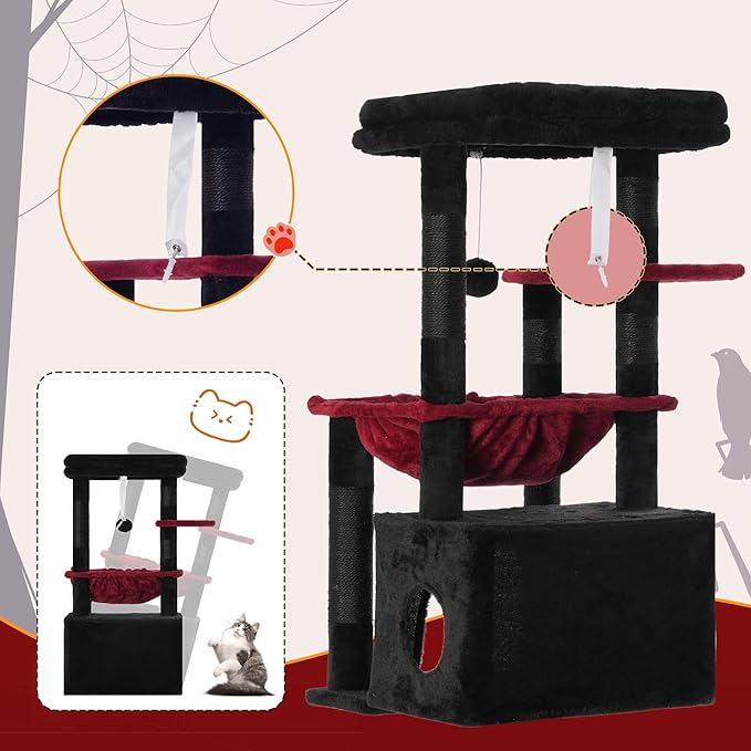 Heybly Cat Tree, Kitten Tower with Large Soft Cat Basket,Cat Condo with Spacious Cat Bed Cave with Hidden Space，Sisal-Covered Scratching Posts,Dangling Ball for Indoor Cats, Black and Red HCT008SBR