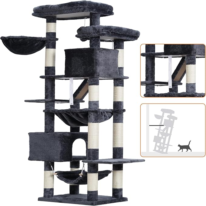 Heybly Cat Tree, 71-Inch-Tall Tower for Indoor Cats with 2 Perches, 2 Big Condos, 2 Hammocks, Basket, Scratching Pad, Large Cat Furniture and Condo, Smoky Gray HCT034G