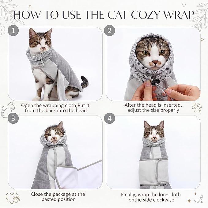 Hsei Cat Grooming Wrap Kit with Nail Clipper and File Self Adhesive Cat Swaddle for Cutting Nails Calm Pet Burrito Wrap Restraint Bag for Nail Trimming, Vet Visits & Medication