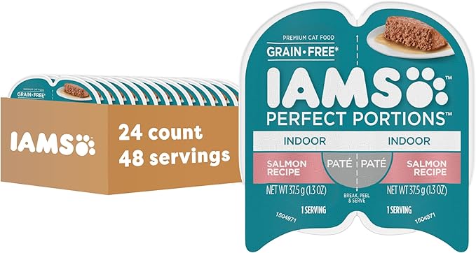 IAMS Perfect Portions Grain Free Wet Cat Food Pate, Healthy Adult Cat Food Wet, Salmon Pate, 2.6 oz. (24 Twin Packs)