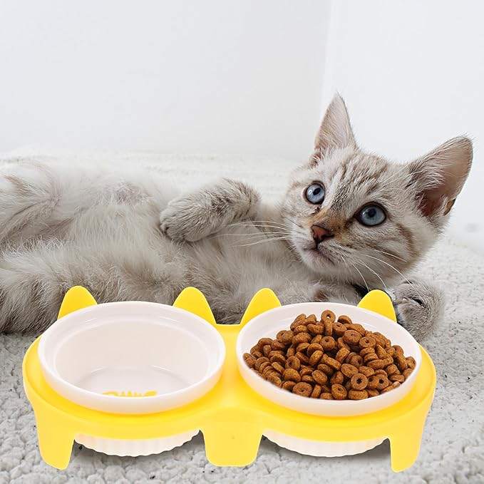 Ceramic Cat Bowls Elevated Double Feeding and Watering Bowls Thickened Yellow Non-Slip Stand for Kittens