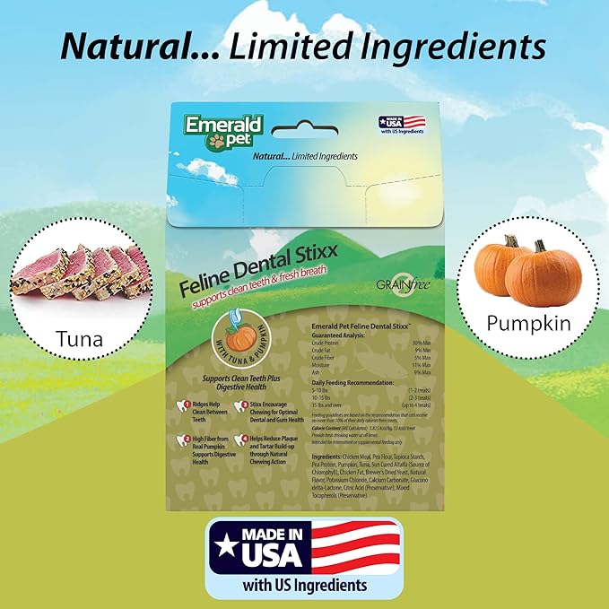 Emerald Pet Grain-Free Tuna Cat Dental Treats – Crunchy Dental Sticks for Cats to Clean Teeth, Reduce Plaque & Tartar, Freshen Breath – Pumpkin for Digestive Health, Natural Cat Chews, 3.6 oz