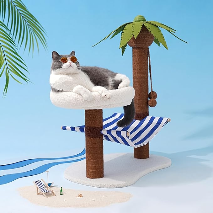 ZEZE Summer Coconut Island Cat Tree with Hammock & Bed — Tropical Palm Tree Cat Scratching Post, Cozy Plush Cat Nest, Sisal Rope Climbing Tower for Indoor Cats, Stable Base