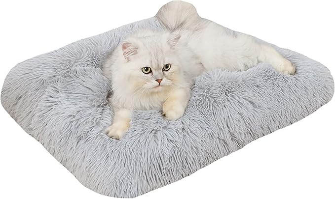 Long Plush Calming Pet Bed Cuddler Pet Bed for Dogs and Cats Fluffy Faux Fur Dog Bed with Anti Slip Bottom Machine Washable Pet Sleep Bed Crate Mat Light Grey 2XL