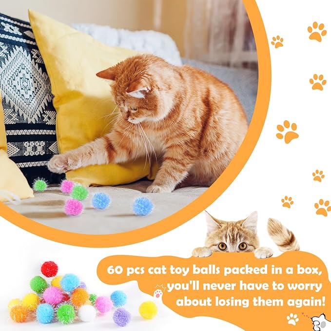 DF DUALFERV 60 Pcs Cat Pom Pom Balls, Interactive Cat Toys, Sparkle Balls for Cats, Extra Large and Fuzzy for Exercise and Entertainment, Multicolor, 1.5 Inch (30)