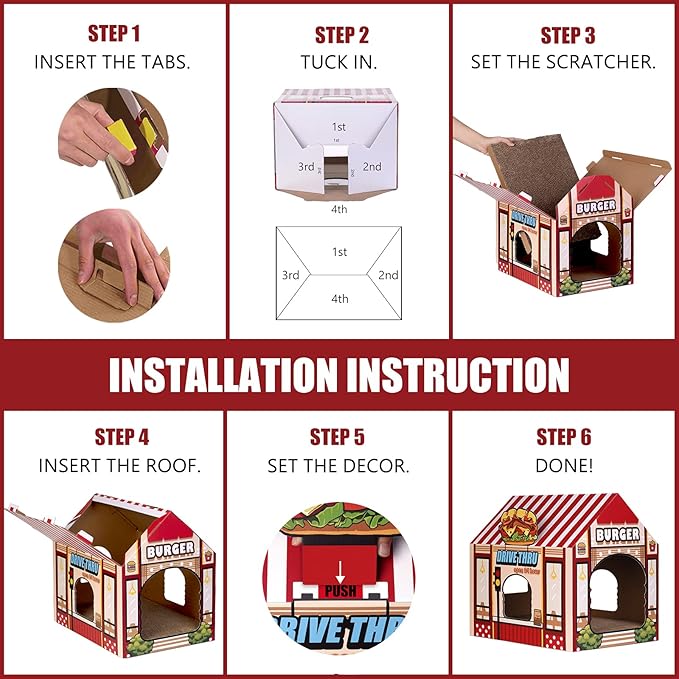 SEKAM Cardboard Cat House with Scratcher/Catnip, (16.5''x12''x15'') Burger Shop for Indoor/Outdoor Cats, Cat Play House&Home Decor, Cat Scratch Toy, Hideout for Bunny&Small Animals