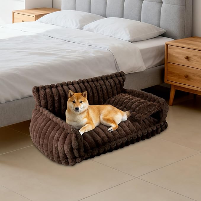 Fluffy Pet Couch Bed with Removable Washable Cover, Dark Brown Rabbit Plush Dog Cat Bed for Small Medium Pets, L Size Couch with Non-Slip Bottom and Pillow (Brown)