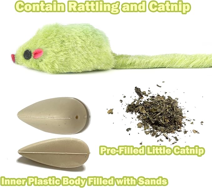 MeoHui 12PCS Rattle Cat Mouse Toys also Prefilled Catnip, 2.36” Mice Body Size, Faux Fur Cat Mice Toys with Plastic Body, Interactive Catnip Toys for Indoor Cats Play Fetch