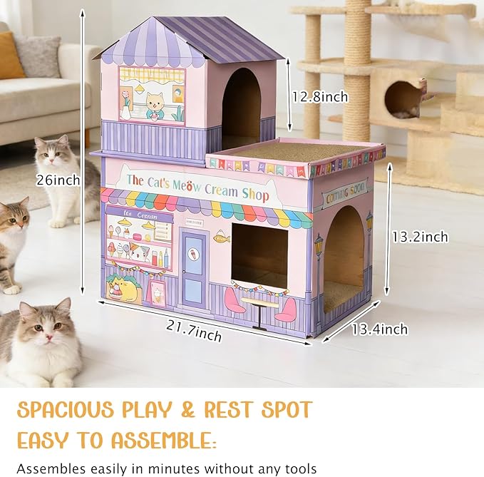 Cardboard Cat House for Indoor Cats, Double Layer Cat Scratcher House for Large Kitty Rabbit Bunny, Scratch & Sleep 2 in 1 Design, Durable & Easy to Assemble Scratching Bed (Ice Cream Shop)