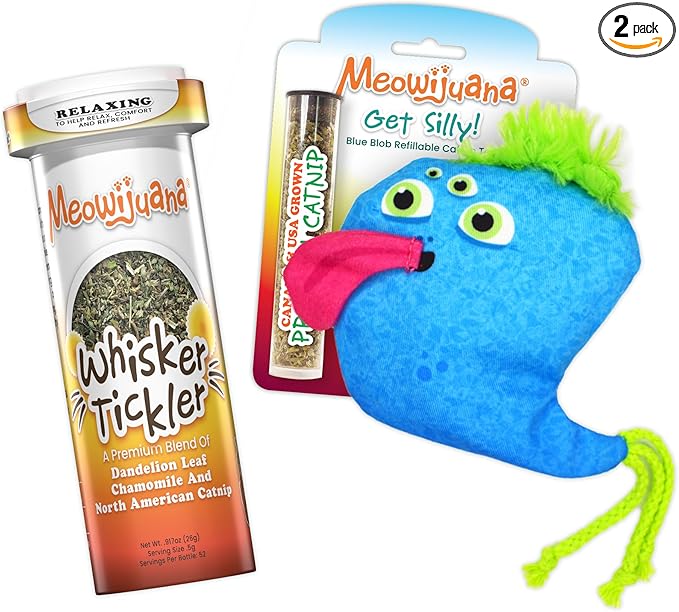 Meowijuana Blue Blob Bundle | Get Silly Refillable Blue Bob Toy and Whisker Tickler Catnip Blend | Promotes Play and Cat Health | Includes North American Organic Catnip